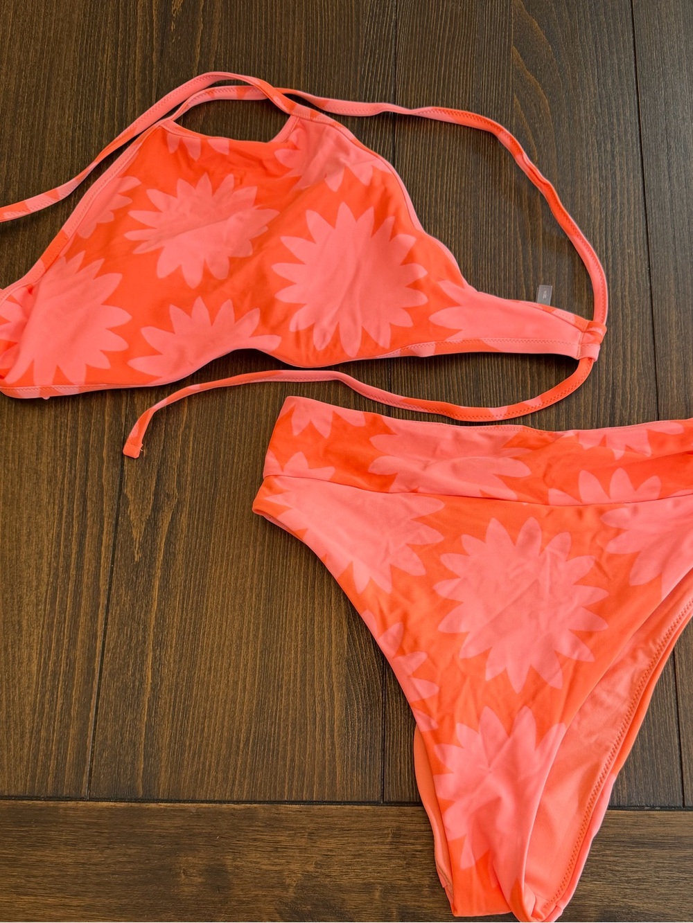 Aerie Bikini Swimsuit Medium Neon Orange Burst High Neck Top High Rise Bottoms